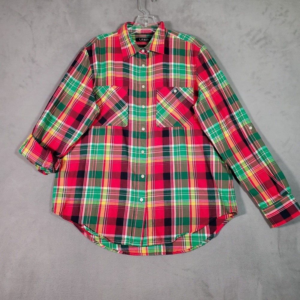 Lauren Ralph Lauren Top Womens L Red Green Plaid Roll Tab Preppy Americana Cabin - Picture 3 of 10